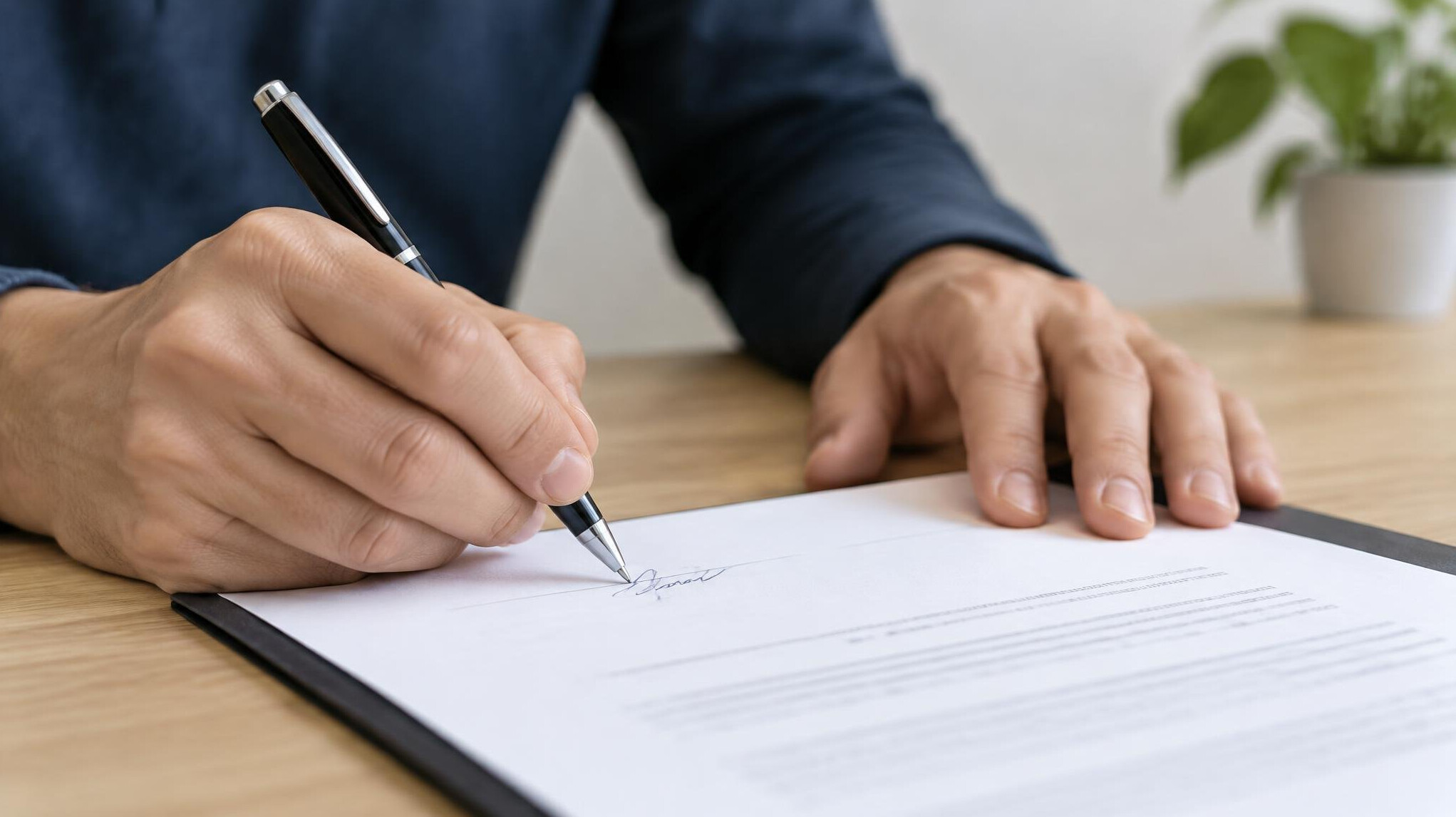 Hands signing a document with a pen