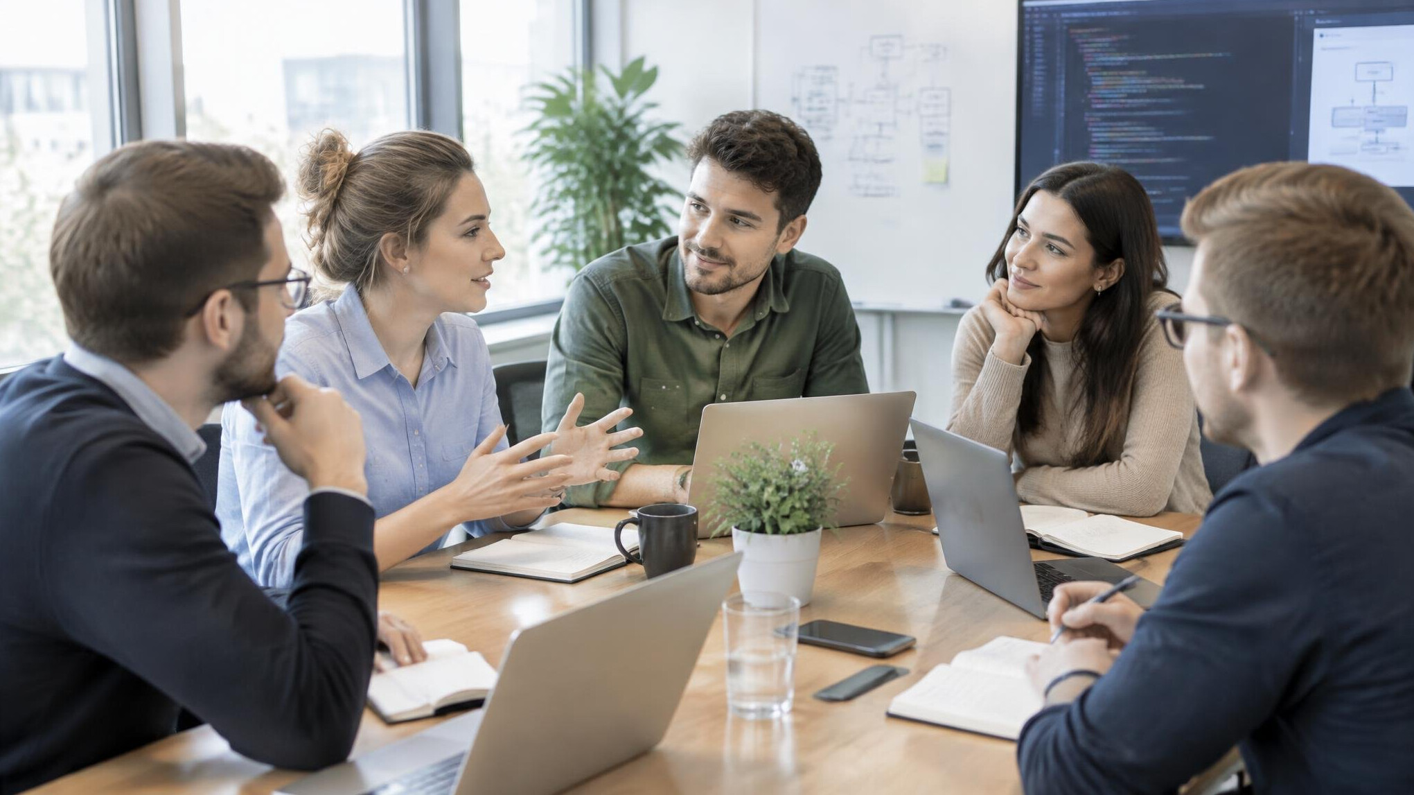 Colleagues discussing a project around a table
