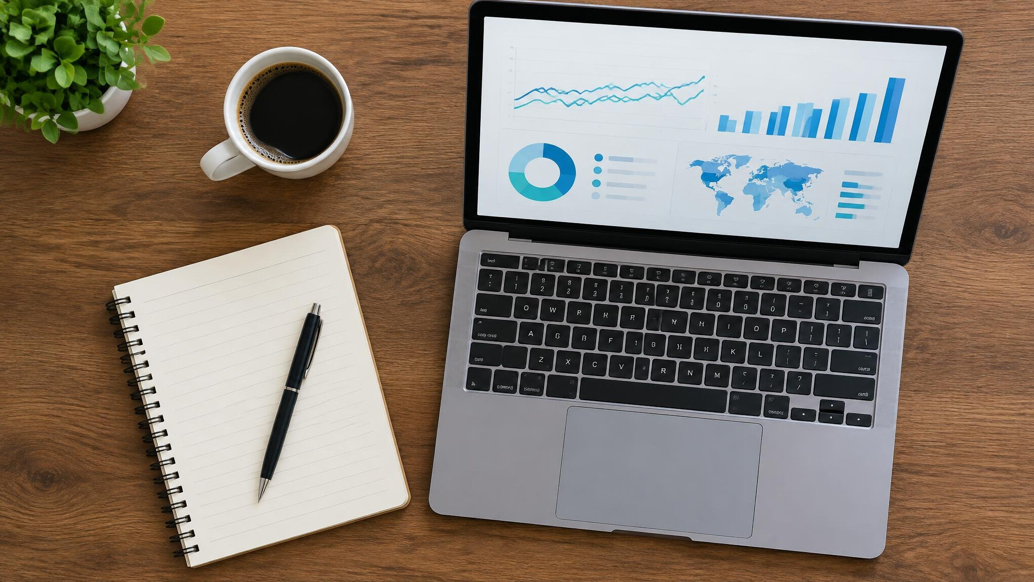 Laptop with data charts on a wooden desk